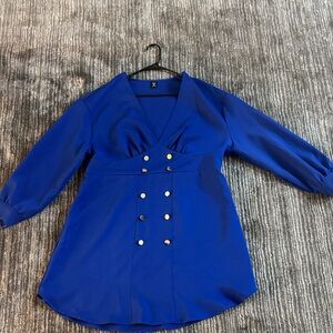 Blue V-Neck Buttoned Blouse